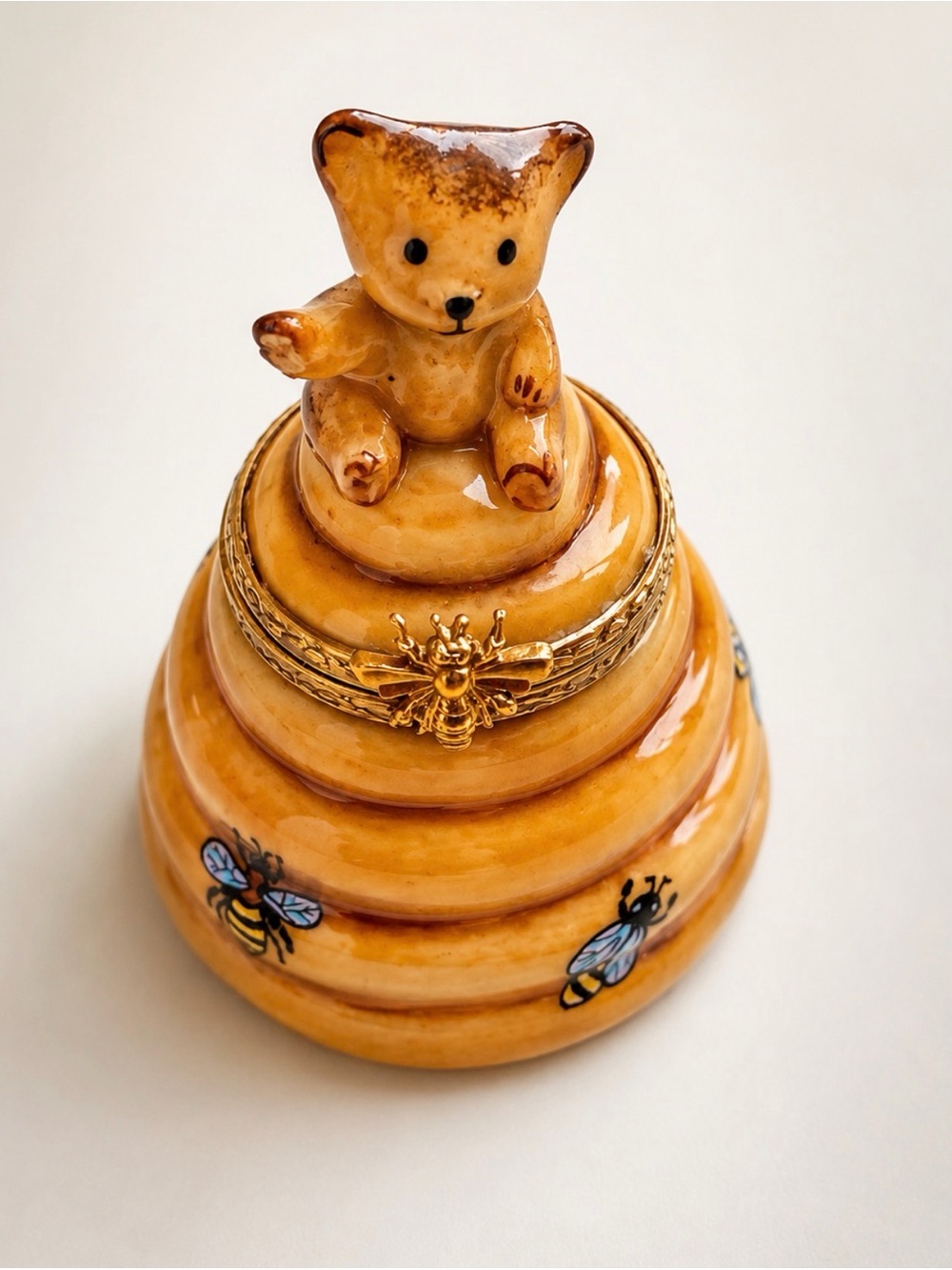 Vintage Limoges Beehive Trinket Box with Bear Lid - Yellow Ceramic
